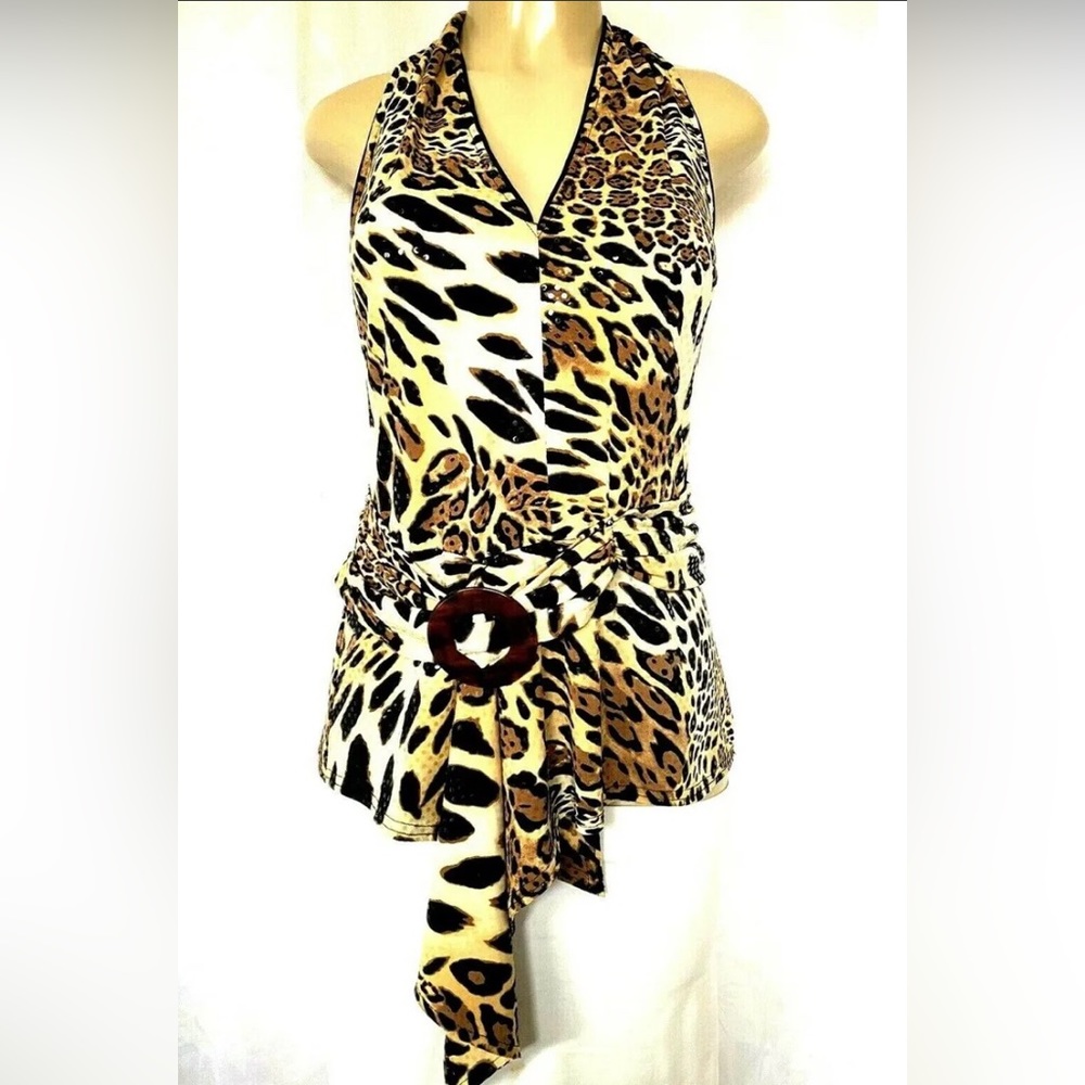 Joseph Ribkoff Top Blouse Halter Neck Animal Leo Cheetah Print Paillette 8 M